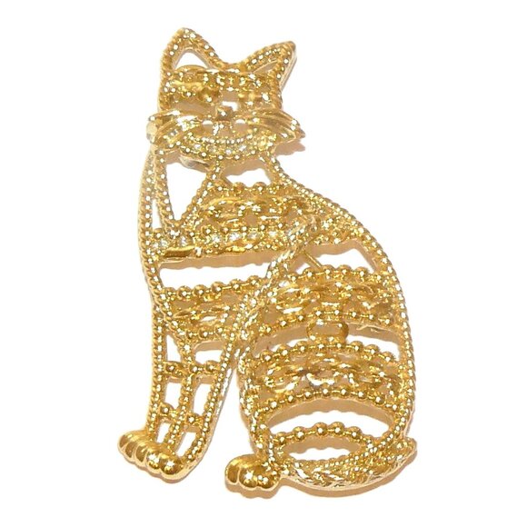 Large AJC Gold Tone Metal Kitty Cat Brooch - Picture 1 of 6